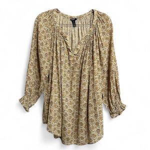 Chaps 3/4 Sleeve Cream and Brown Floral Popover Peasant Style Blouse Size 1X